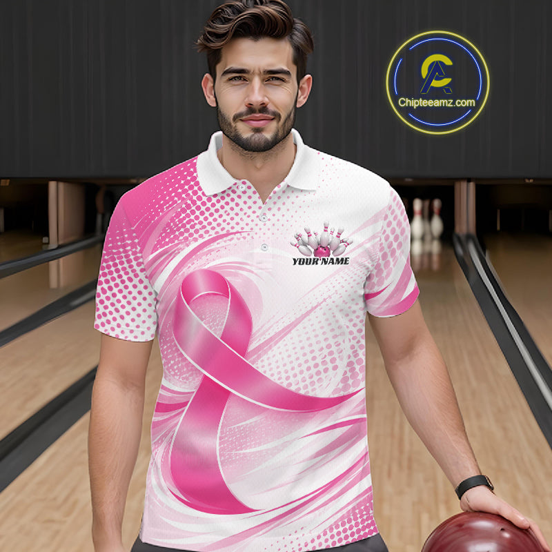 Custom Breast Cancer Pink Ribbon Bowling Team League Shirt For Men, Bowling Polo Shirt IPHW12047