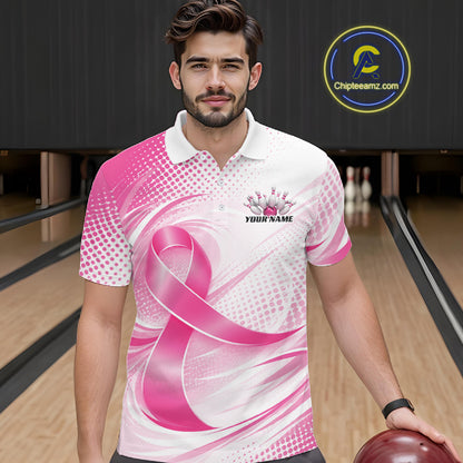 Custom Breast Cancer Pink Ribbon Bowling Team League Shirt For Men, Bowling Polo Shirt IPHW12047