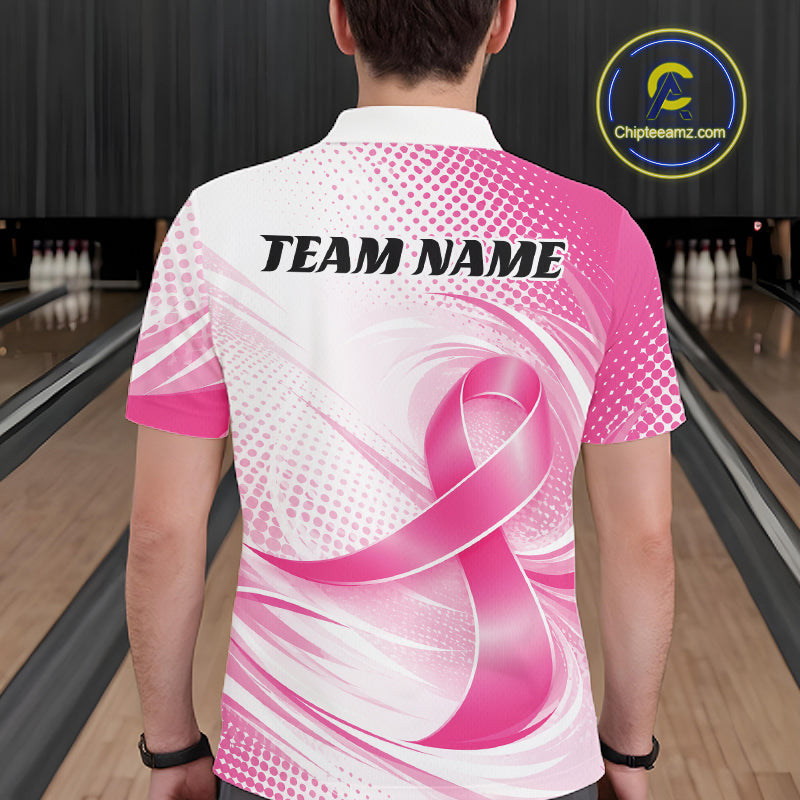 Custom Breast Cancer Pink Ribbon Bowling Team League Shirt For Men, Bowling Polo Shirt IPHW12047