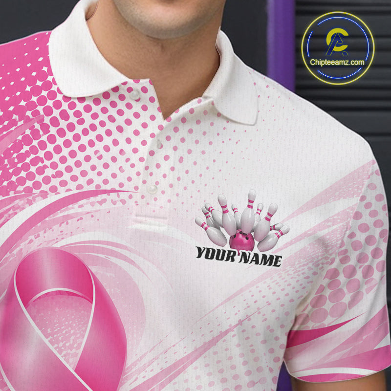 Custom Breast Cancer Pink Ribbon Bowling Team League Shirt For Men, Bowling Polo Shirt IPHW12047