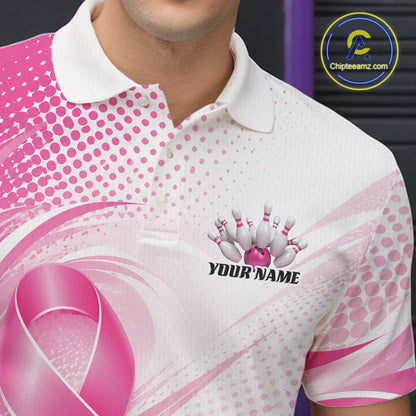 Custom Breast Cancer Pink Ribbon Bowling Team League Shirt For Men, Bowling Polo Shirt IPHW12047
