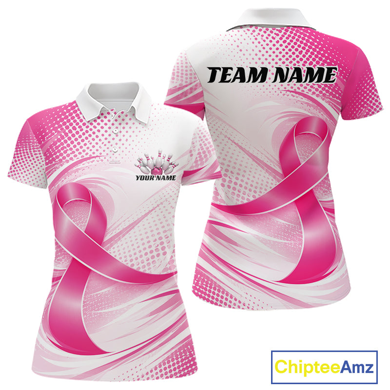 Custom Breast Cancer Pink Ribbon Bowling Team League Shirt For Women, Bowling Polo Shirt IPHW12047