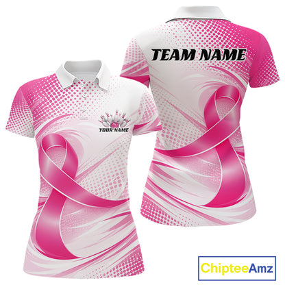 Custom Breast Cancer Pink Ribbon Bowling Team League Shirt For Women, Bowling Polo Shirt IPHW12047