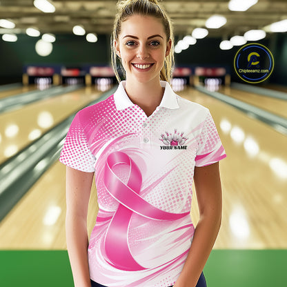 Custom Breast Cancer Pink Ribbon Bowling Team League Shirt For Women, Bowling Polo Shirt IPHW12047