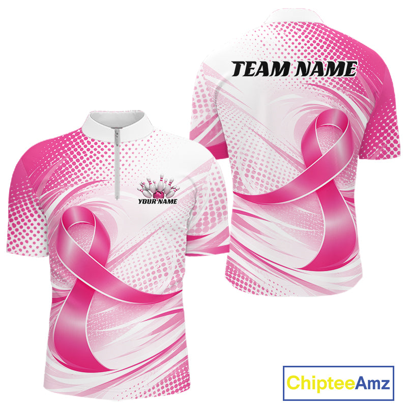 Custom Breast Cancer Pink Ribbon Bowling Team League Shirt For Men, Bowling Quarter Zip Shirt IPHW12047