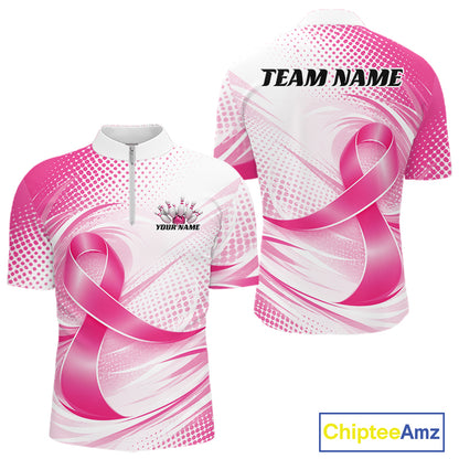 Custom Breast Cancer Pink Ribbon Bowling Team League Shirt For Men, Bowling Quarter Zip Shirt IPHW12047