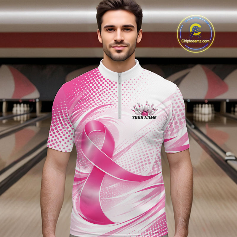 Custom Breast Cancer Pink Ribbon Bowling Team League Shirt For Men, Bowling Quarter Zip Shirt IPHW12047
