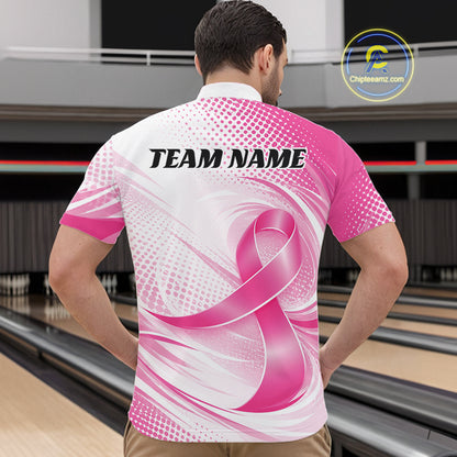 Custom Breast Cancer Pink Ribbon Bowling Team League Shirt For Men, Bowling Quarter Zip Shirt IPHW12047