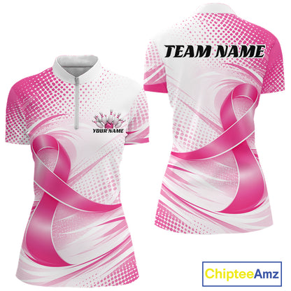 Custom Breast Cancer Pink Ribbon Bowling League Shirt, Women Bowling Quarter-Zip Shirt IPHW12047