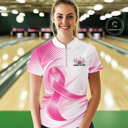 Custom Breast Cancer Pink Ribbon Bowling League Shirt, Women Bowling Quarter-Zip Shirt IPHW12047