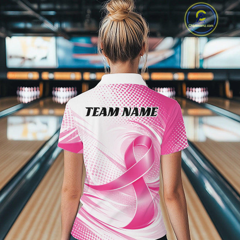 Custom Breast Cancer Pink Ribbon Bowling League Shirt, Women Bowling Quarter-Zip Shirt IPHW12047