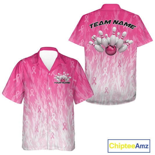 Custom Pink Gradient Breast Cancer Pink Ribbon Bowling Men And Women Button Up Shirt, Team League Shirt IPHW12051