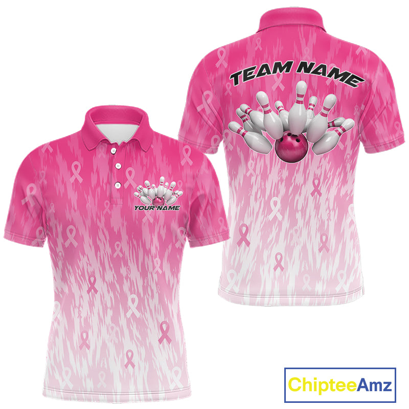 Custom Pink Gradient Breast Cancer Pink Ribbon Bowling Men Polo Shirt, Team League Shirt IPHW12051