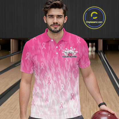 Custom Pink Gradient Breast Cancer Pink Ribbon Bowling Men Polo Shirt, Team League Shirt IPHW12051