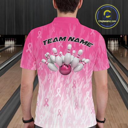 Custom Pink Gradient Breast Cancer Pink Ribbon Bowling Men Polo Shirt, Team League Shirt IPHW12051