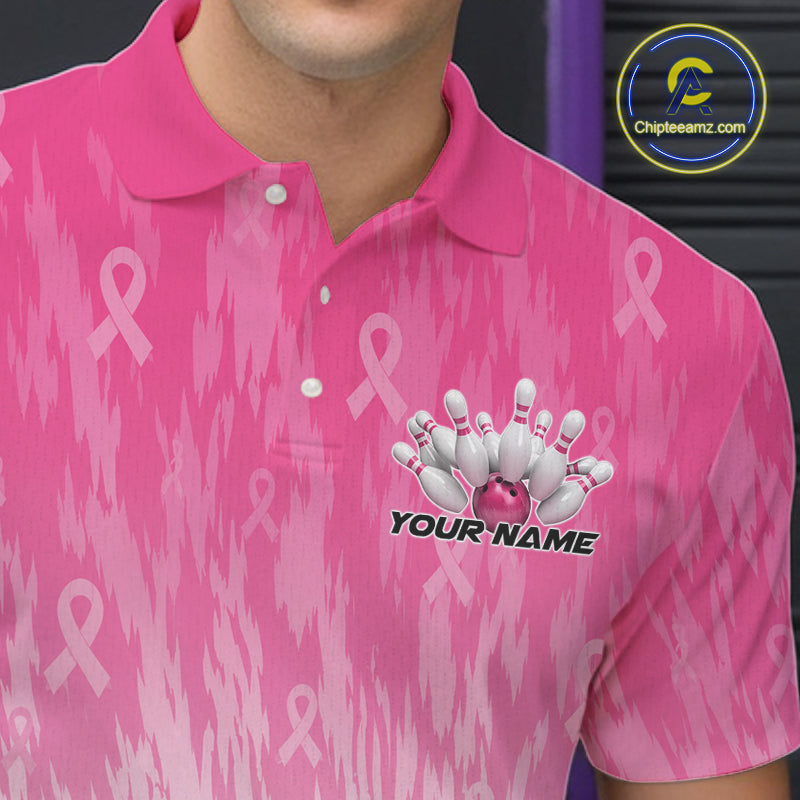 Custom Pink Gradient Breast Cancer Pink Ribbon Bowling Men Polo Shirt, Team League Shirt IPHW12051
