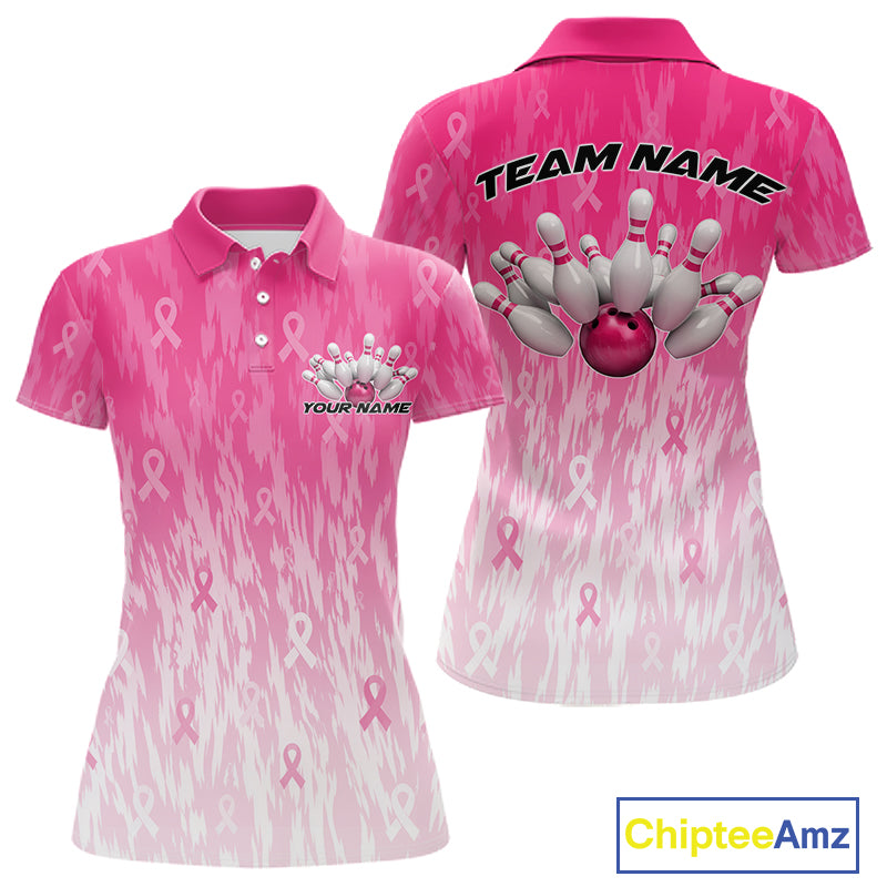 Custom Pink Gradient Breast Cancer Pink Ribbon Bowling Women Polo Shirt, Team League Shirt IPHW12051