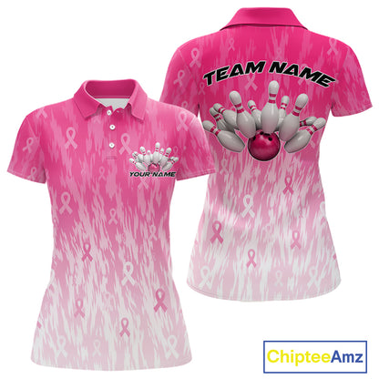 Custom Pink Gradient Breast Cancer Pink Ribbon Bowling Women Polo Shirt, Team League Shirt IPHW12051