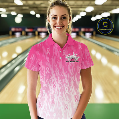 Custom Pink Gradient Breast Cancer Pink Ribbon Bowling Women Polo Shirt, Team League Shirt IPHW12051