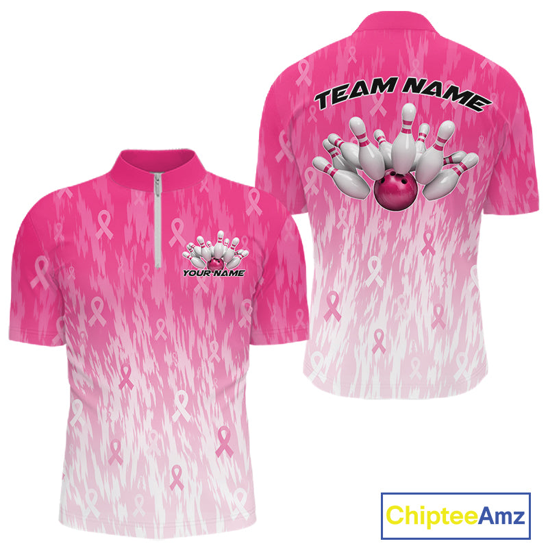 Custom Pink Gradient Breast Cancer Pink Ribbon Bowling Men Quarter Zip Shirt, Team League Shirt IPHW12051
