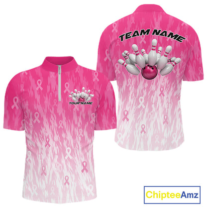 Custom Pink Gradient Breast Cancer Pink Ribbon Bowling Men Quarter Zip Shirt, Team League Shirt IPHW12051