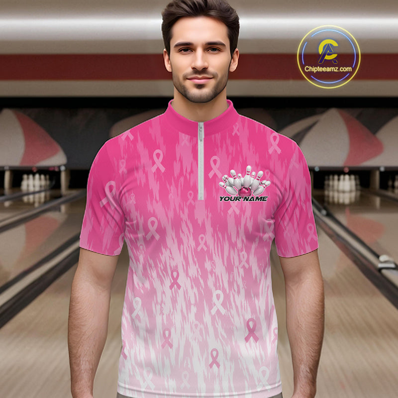 Custom Pink Gradient Breast Cancer Pink Ribbon Bowling Men Quarter Zip Shirt, Team League Shirt IPHW12051