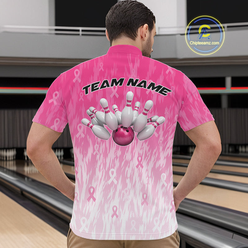 Custom Pink Gradient Breast Cancer Pink Ribbon Bowling Men Quarter Zip Shirt, Team League Shirt IPHW12051
