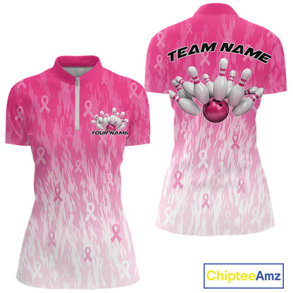 Custom Breast Cancer Pink Ribbon Bowling Women Quarter-Zip Shirt, Team League Shirt IPHW12051