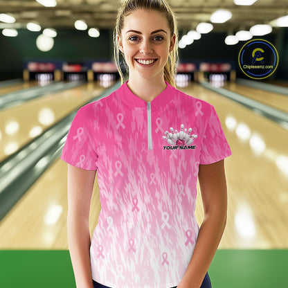 Custom Breast Cancer Pink Ribbon Bowling Women Quarter-Zip Shirt, Team League Shirt IPHW12051
