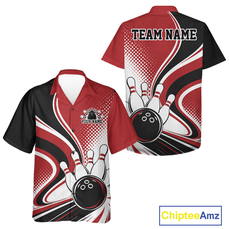 Custom Red Halftone Classic Retro Bowling Men And Women Button Up Shirt, Bowling Team League Shirt IPHW12072