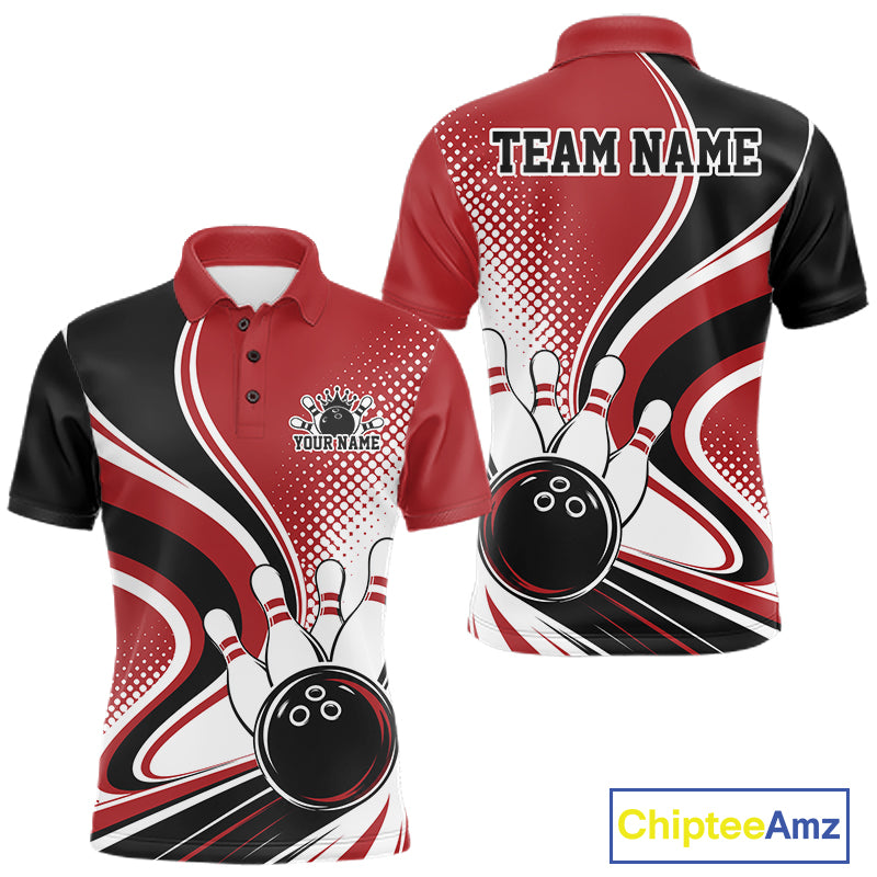 Custom Red Halftone Classic Retro Bowling Men Polo Shirt, Bowling Team League Shirt IPHW12072