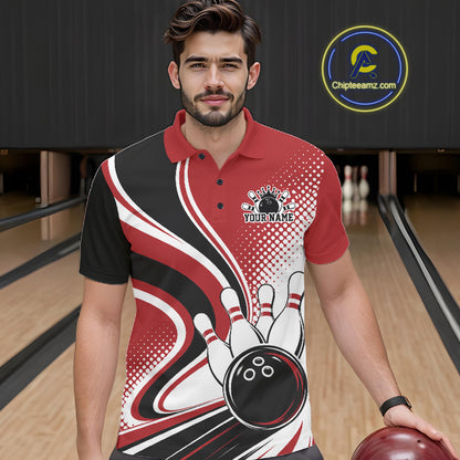 Custom Red Halftone Classic Retro Bowling Men Polo Shirt, Bowling Team League Shirt IPHW12072