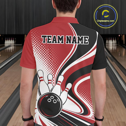 Custom Red Halftone Classic Retro Bowling Men Polo Shirt, Bowling Team League Shirt IPHW12072