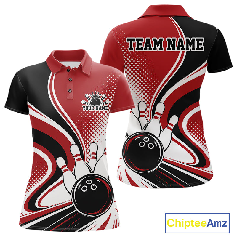 Custom Red Halftone Classic Retro Bowling Women Polo Shirt, Bowling Team League Shirt IPHW12072