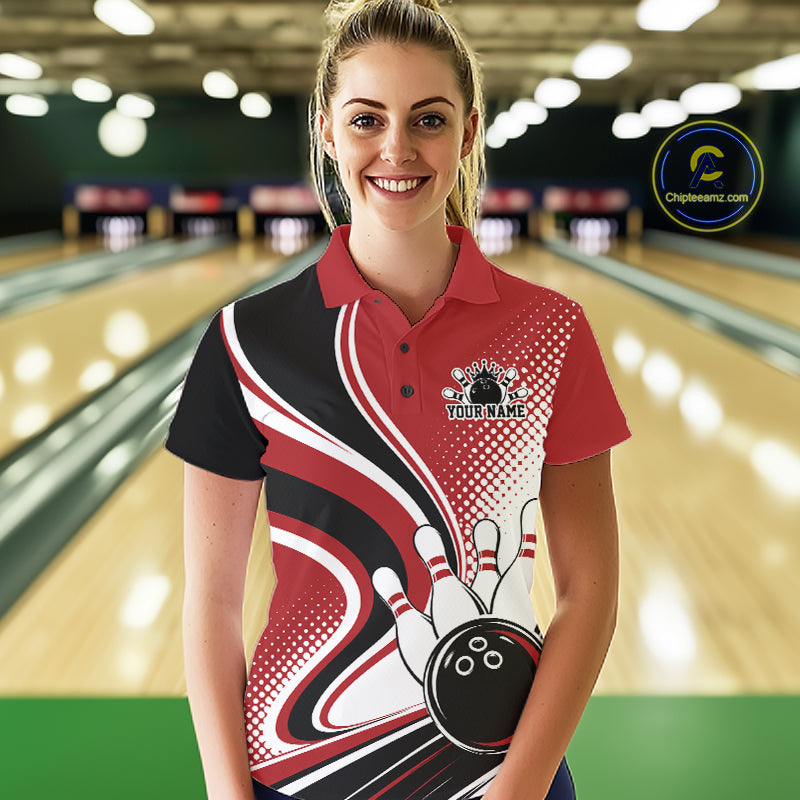 Custom Red Halftone Classic Retro Bowling Women Polo Shirt, Bowling Team League Shirt IPHW12072