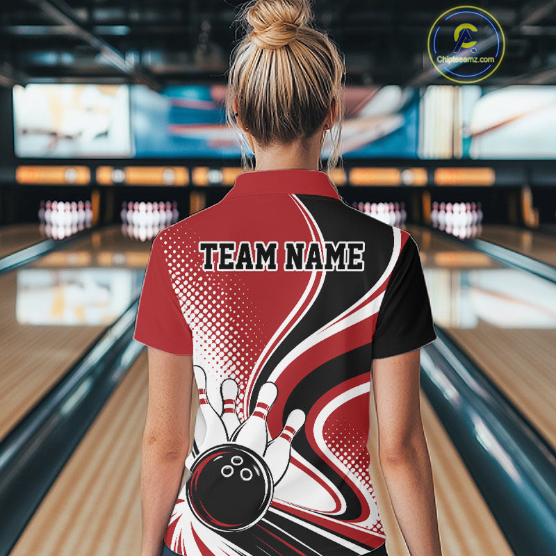 Custom Red Halftone Classic Retro Bowling Women Polo Shirt, Bowling Team League Shirt IPHW12072
