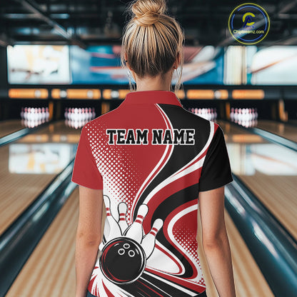Custom Red Halftone Classic Retro Bowling Women Polo Shirt, Bowling Team League Shirt IPHW12072