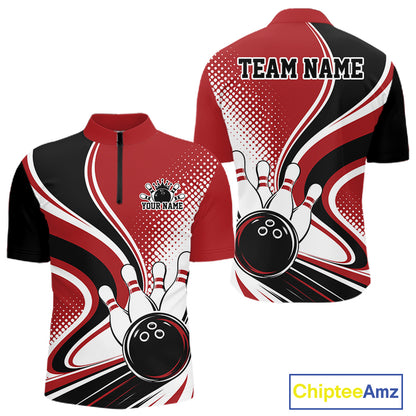 Custom Red Halftone Classic Retro Bowling Men Quarter Zip Shirt, Bowling Team League Shirt IPHW12072