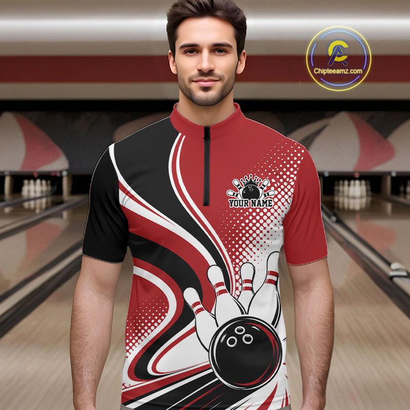 Custom Red Halftone Classic Retro Bowling Men Quarter Zip Shirt, Bowling Team League Shirt IPHW12072