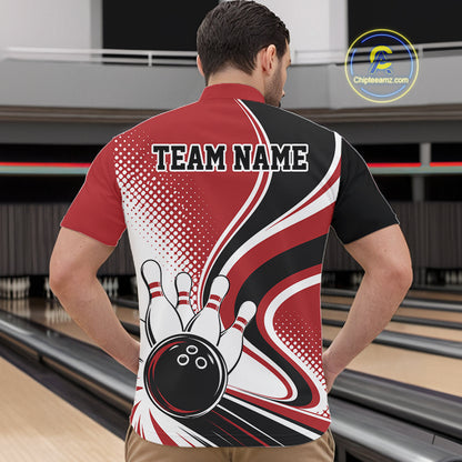 Custom Red Halftone Classic Retro Bowling Men Quarter Zip Shirt, Bowling Team League Shirt IPHW12072