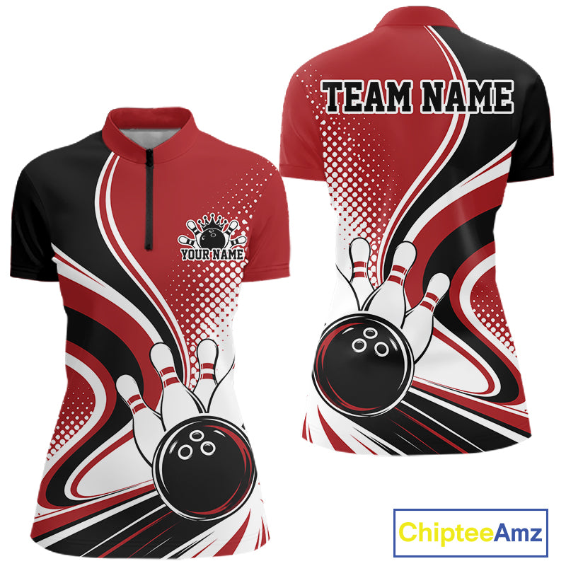 Custom Red Halftone Classic Retro Bowling Women Quarter-Zip Shirt, Team League Shirt IPHW12072
