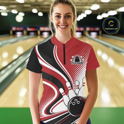 Custom Red Halftone Classic Retro Bowling Women Quarter-Zip Shirt, Team League Shirt IPHW12072
