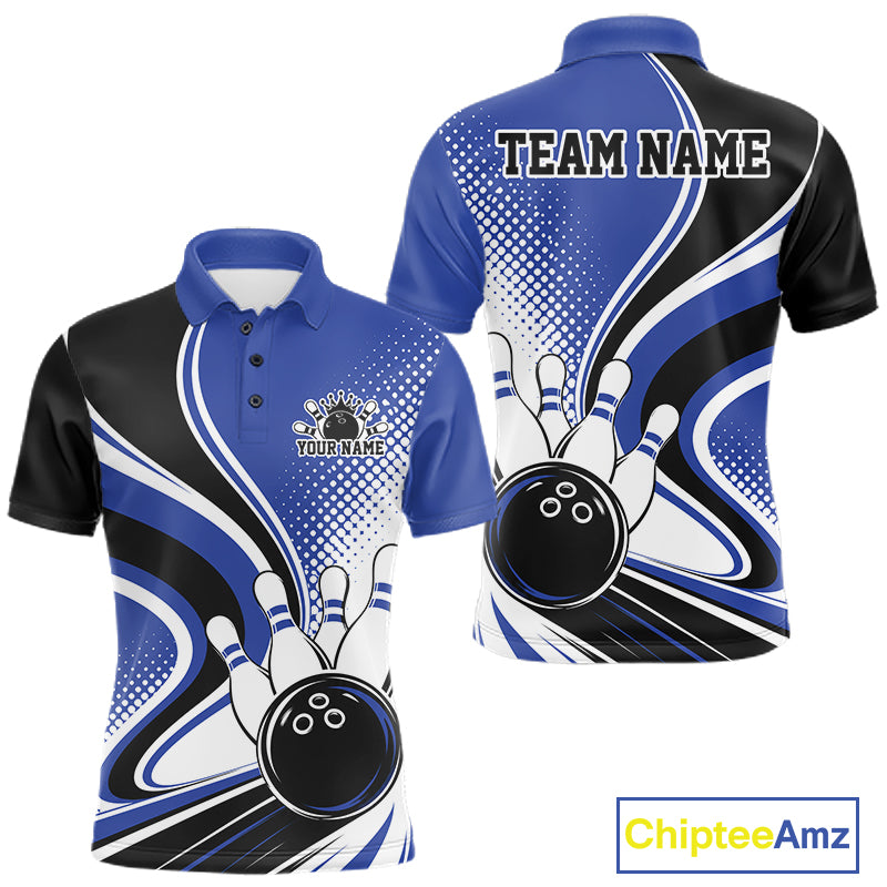 Custom Blue Halftone Classic Retro Bowling Men Polo Shirt, Bowling Team League Shirt IPHW12073