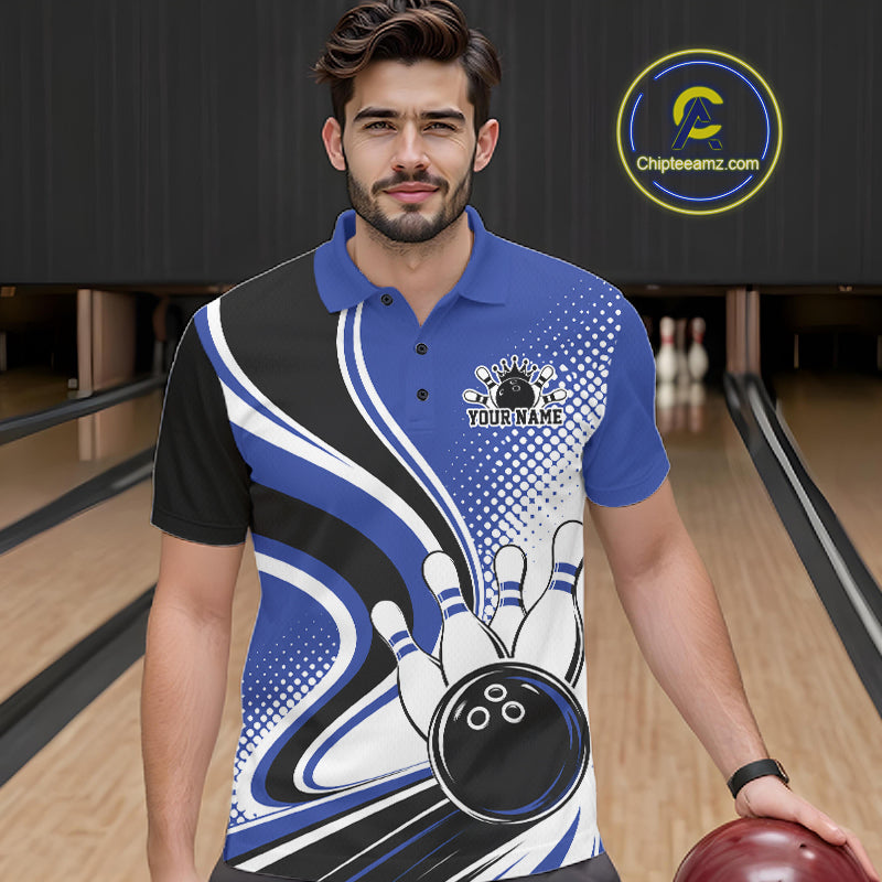 Custom Blue Halftone Classic Retro Bowling Men Polo Shirt, Bowling Team League Shirt IPHW12073