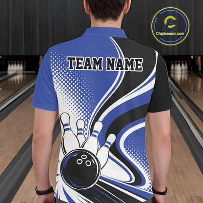 Custom Blue Halftone Classic Retro Bowling Men Polo Shirt, Bowling Team League Shirt IPHW12073
