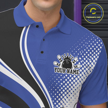 Custom Blue Halftone Classic Retro Bowling Men Polo Shirt, Bowling Team League Shirt IPHW12073