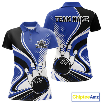 Custom Blue Halftone Classic Retro Bowling Women Polo Shirt, Bowling Team League Shirt IPHW12073