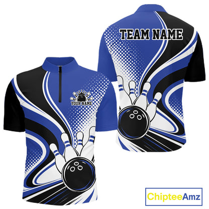Custom Blue Halftone Classic Retro Bowling Men Quarter Zip Shirt, Bowling Team League Shirt IPHW12073