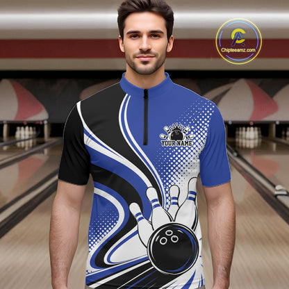 Custom Blue Halftone Classic Retro Bowling Men Quarter Zip Shirt, Bowling Team League Shirt IPHW12073