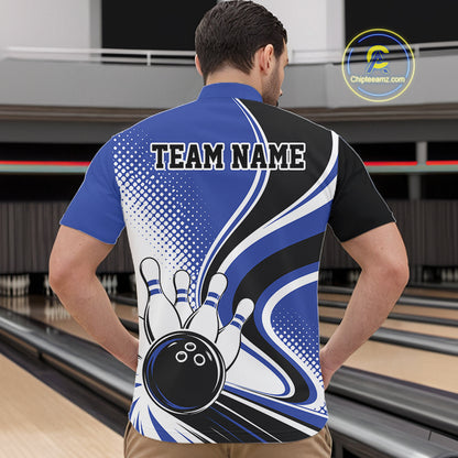 Custom Blue Halftone Classic Retro Bowling Men Quarter Zip Shirt, Bowling Team League Shirt IPHW12073